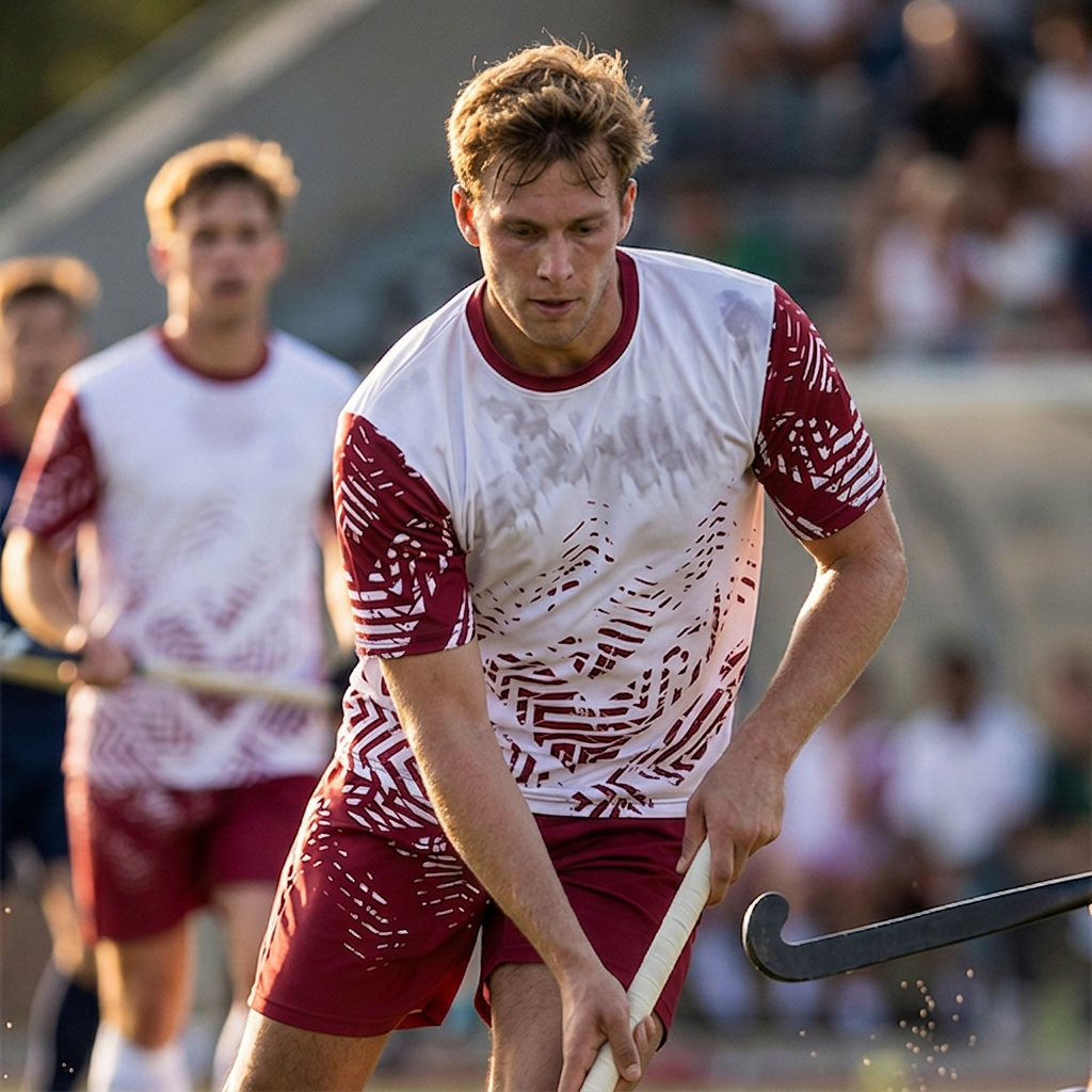 Male athlete wearing a white and red performance jersey.