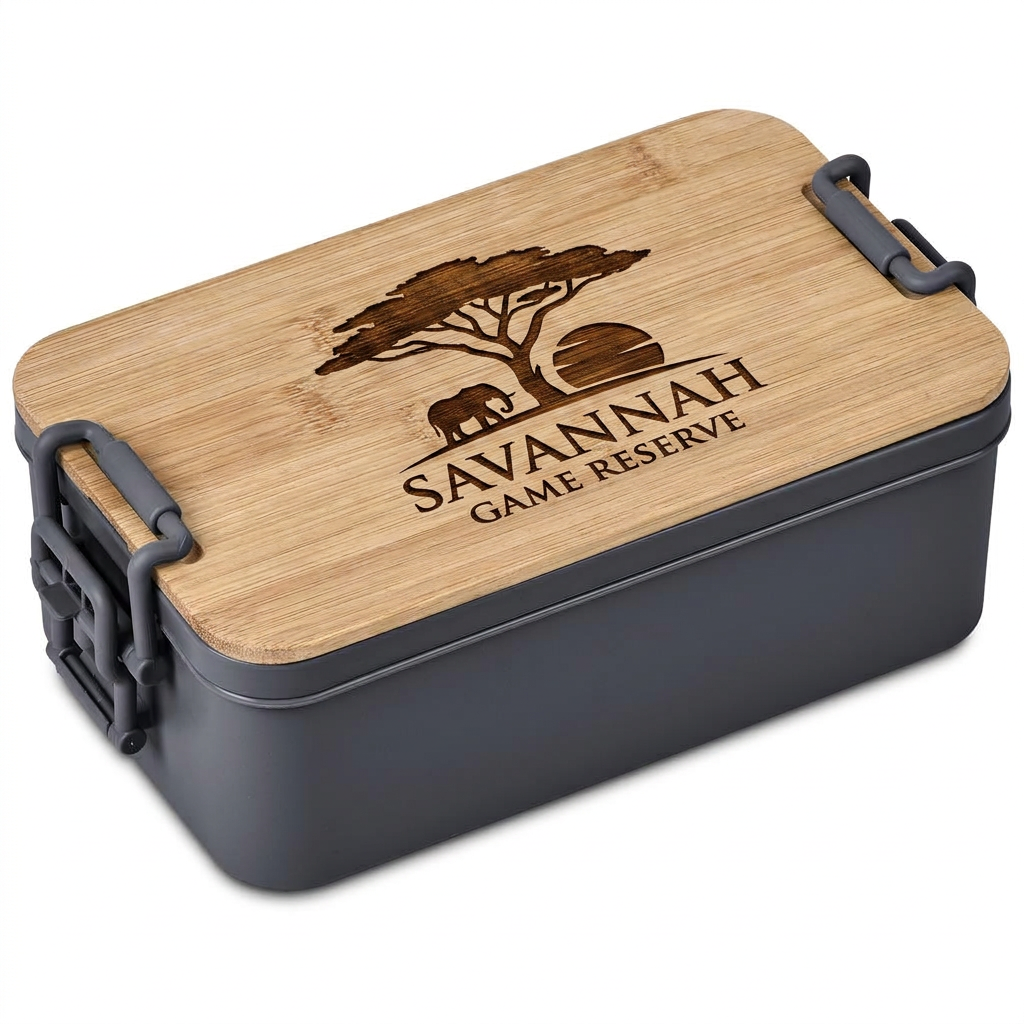 Bamboo-lid lunch container with custom engraved branding.