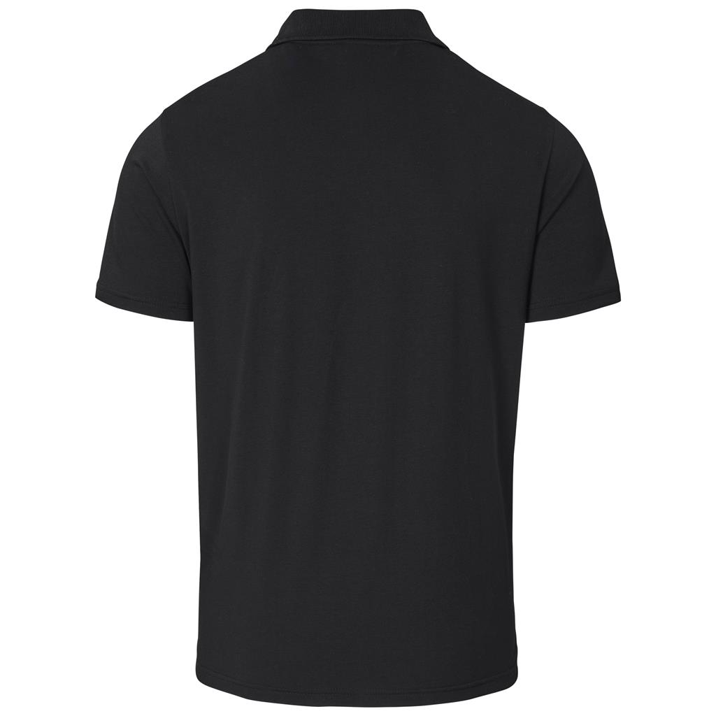 Black short-sleeve golf shirt shown from the back.