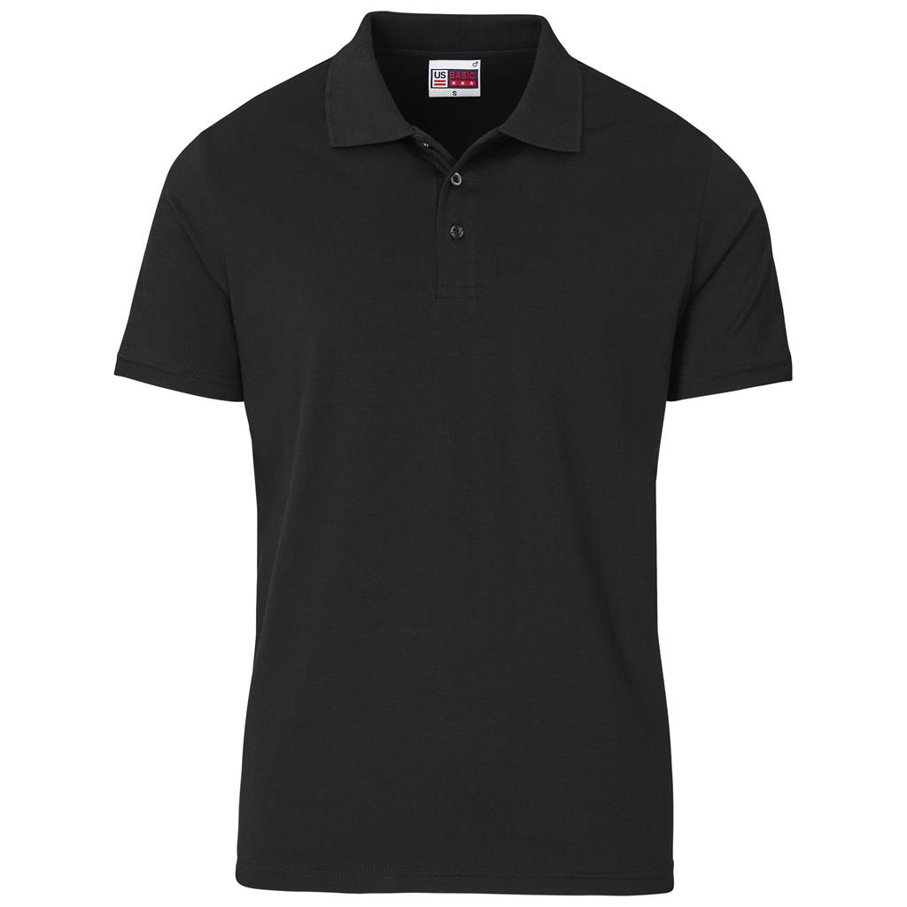 Black short-sleeve golf shirt shown from the front.