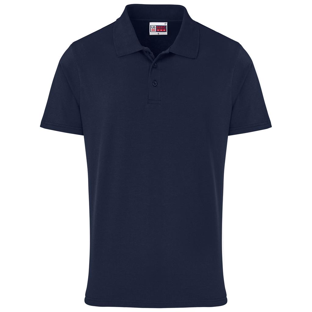 Navy short-sleeve golf shirt shown from the front.