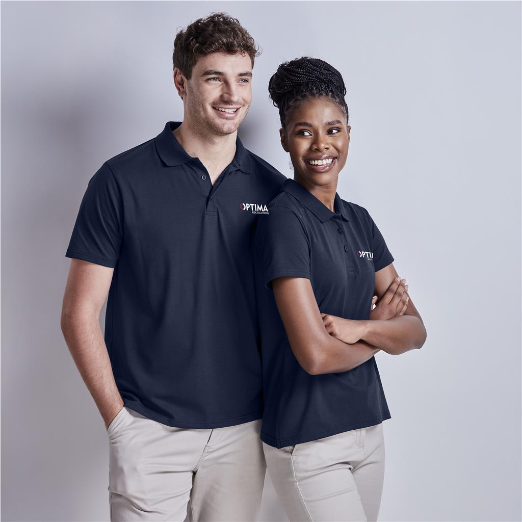 Male and female models wearing matching navy corporate golf shirts.