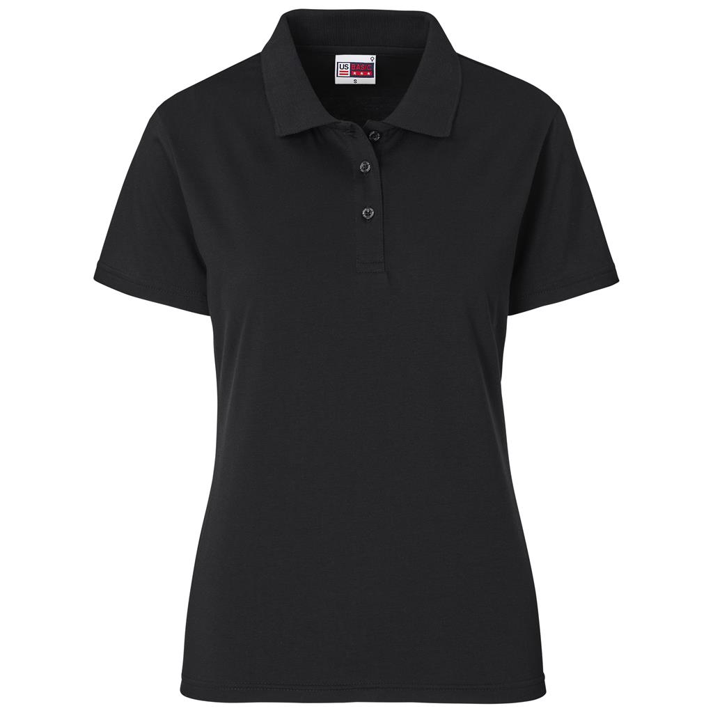 Black short-sleeve golf shirt shown from the front.