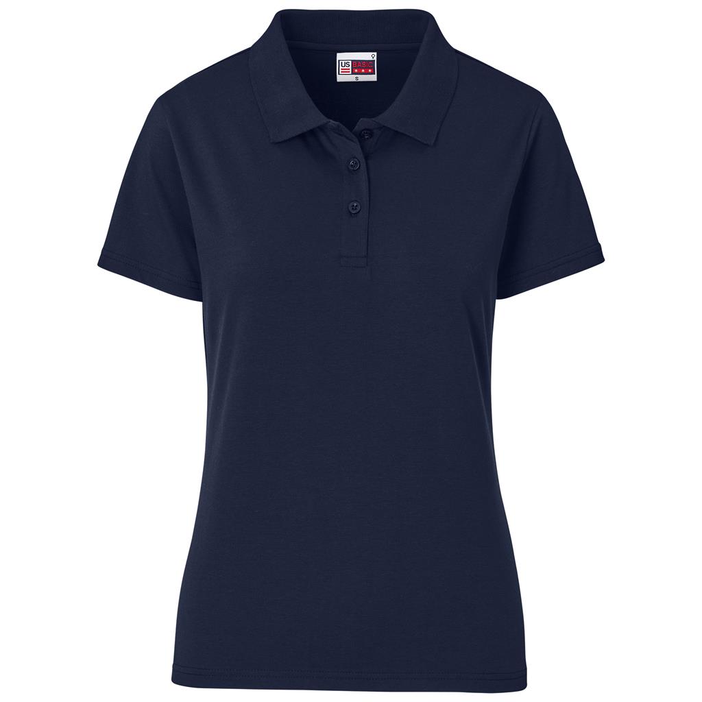 Navy short-sleeve golf shirt for corporate uniforms.