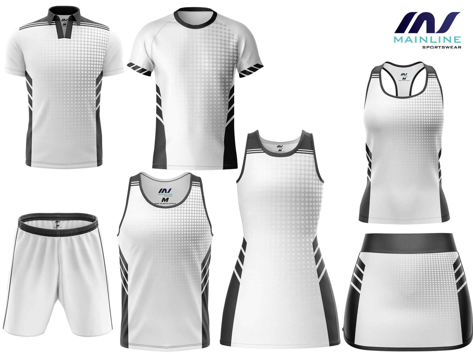 White hockey kit with black detailing and matching shorts.