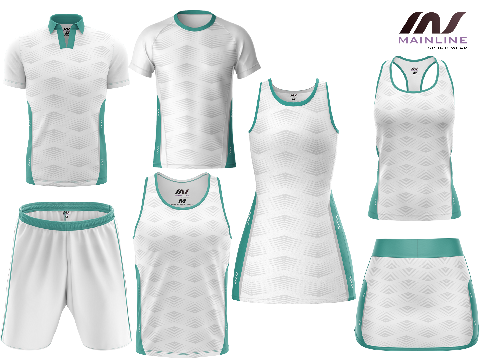 White and mint hockey kit with matching shorts.
