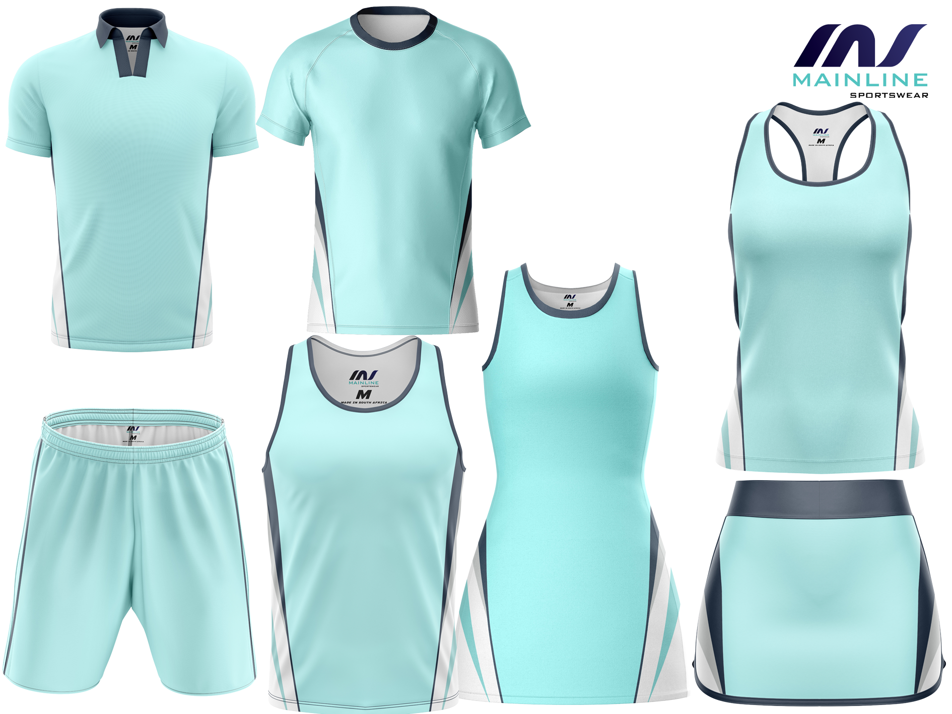Mint green hockey kit with matching shirt and shorts.