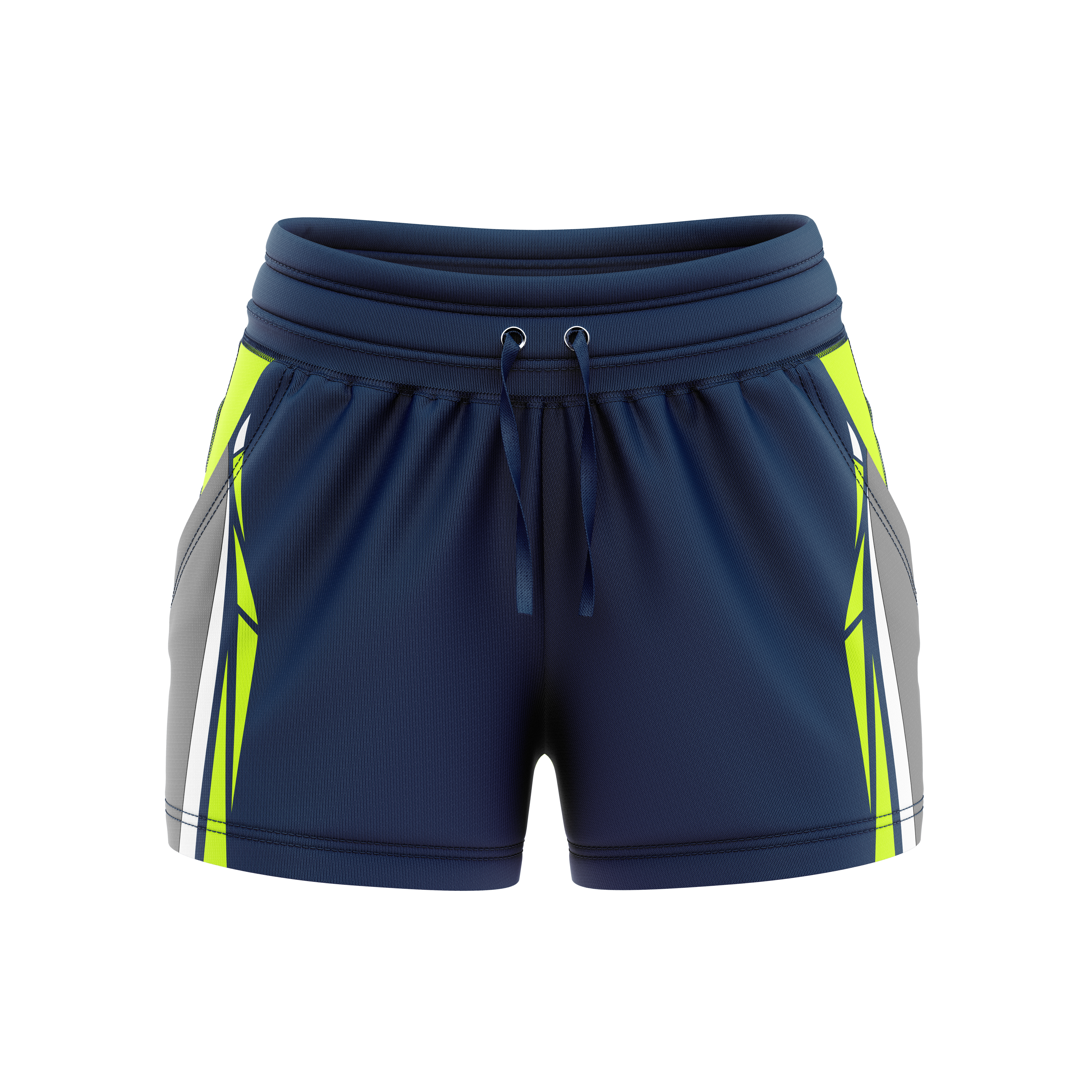 Navy athletic shorts with bright lime drawstrings.