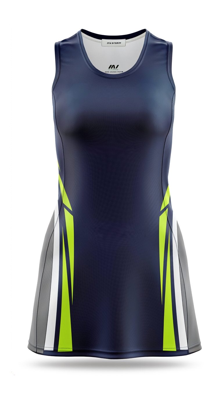 Navy netball dress with hook-and-loop position bib area.