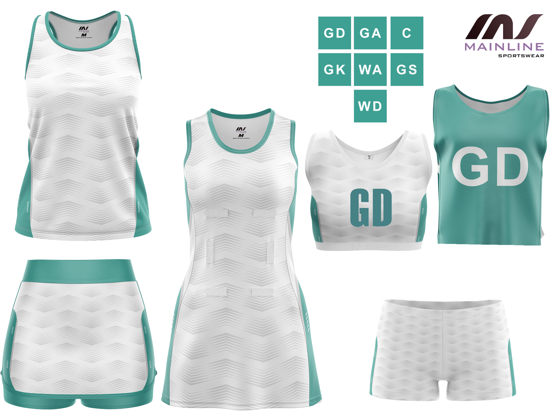 Light blue netball kit with matching bibs and shorts.