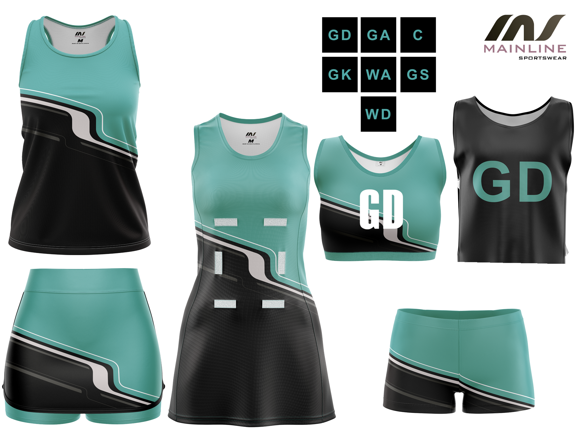 Mint netball kit with green position bibs.