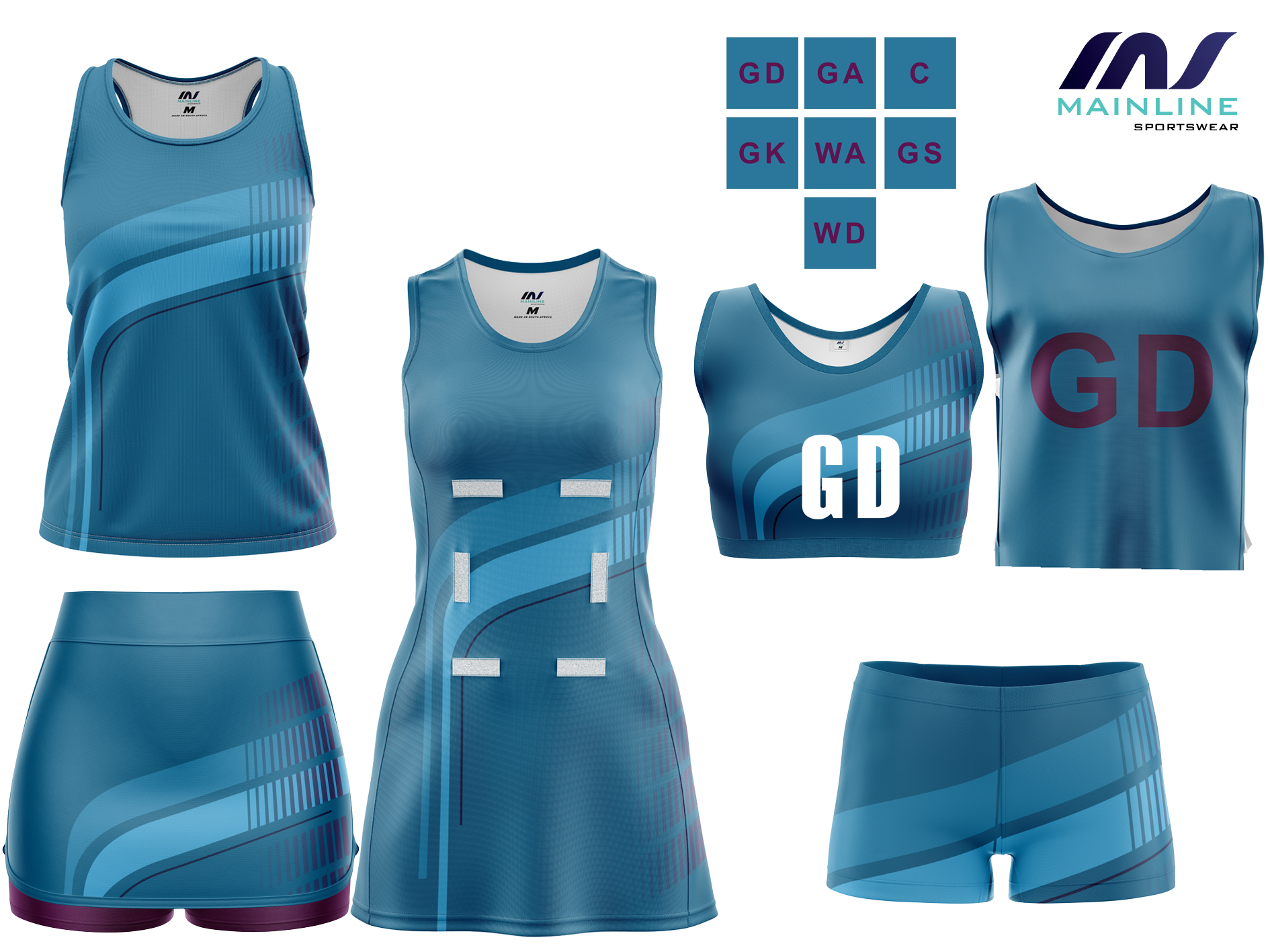 Blue and white netball kit with matching position bibs.