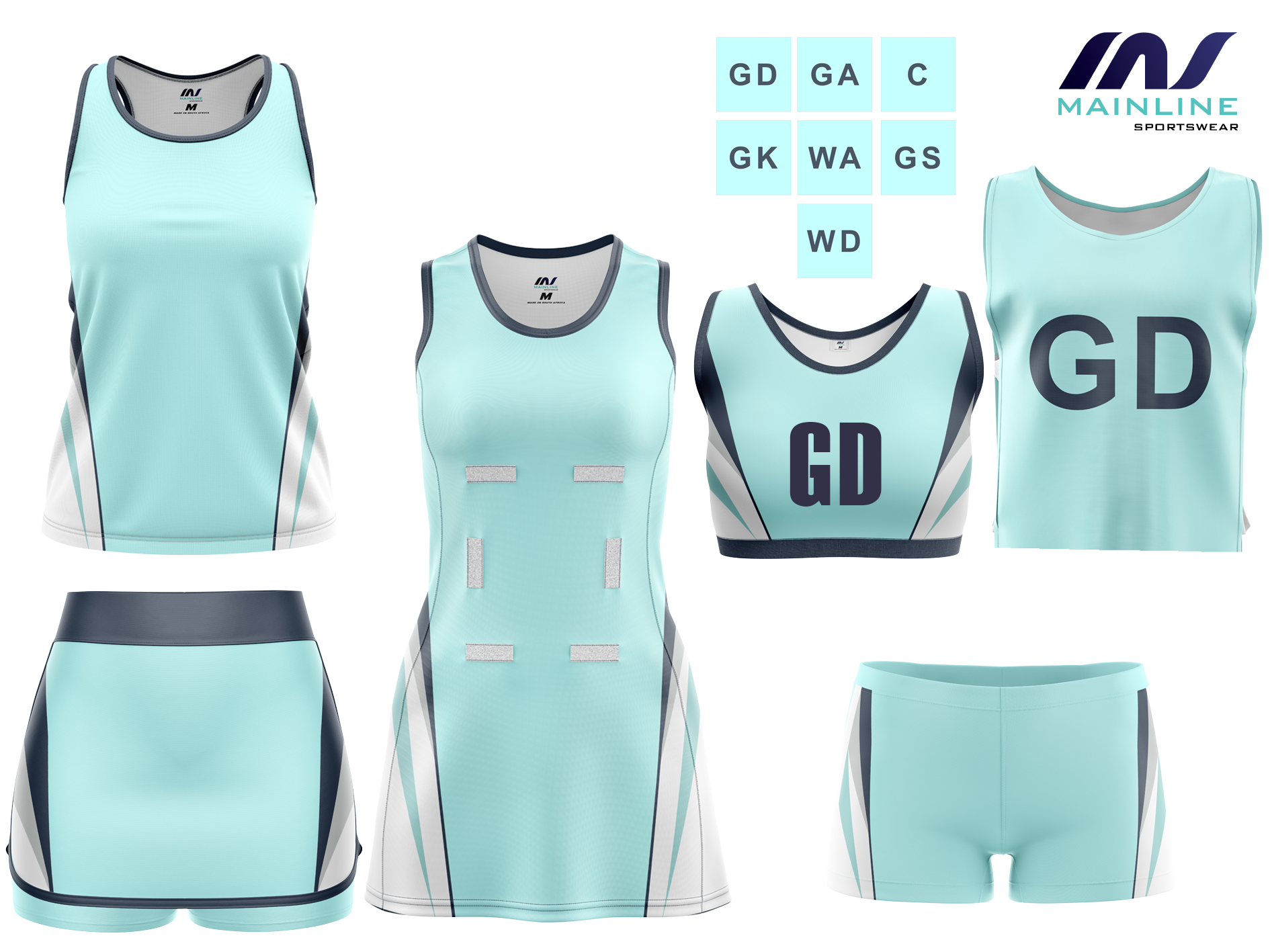 Mint and white netball kit with player position bib design.