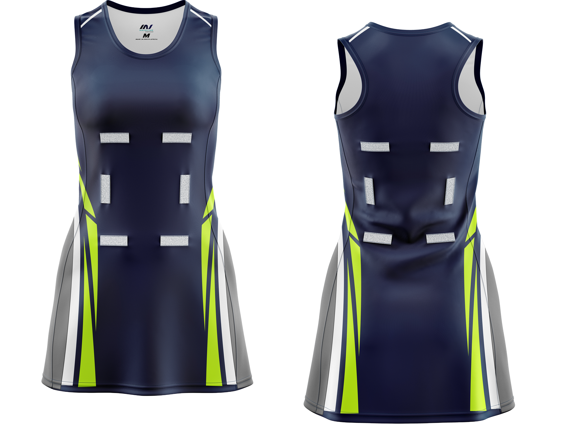 Navy netball dress paired with black removable position bibs.