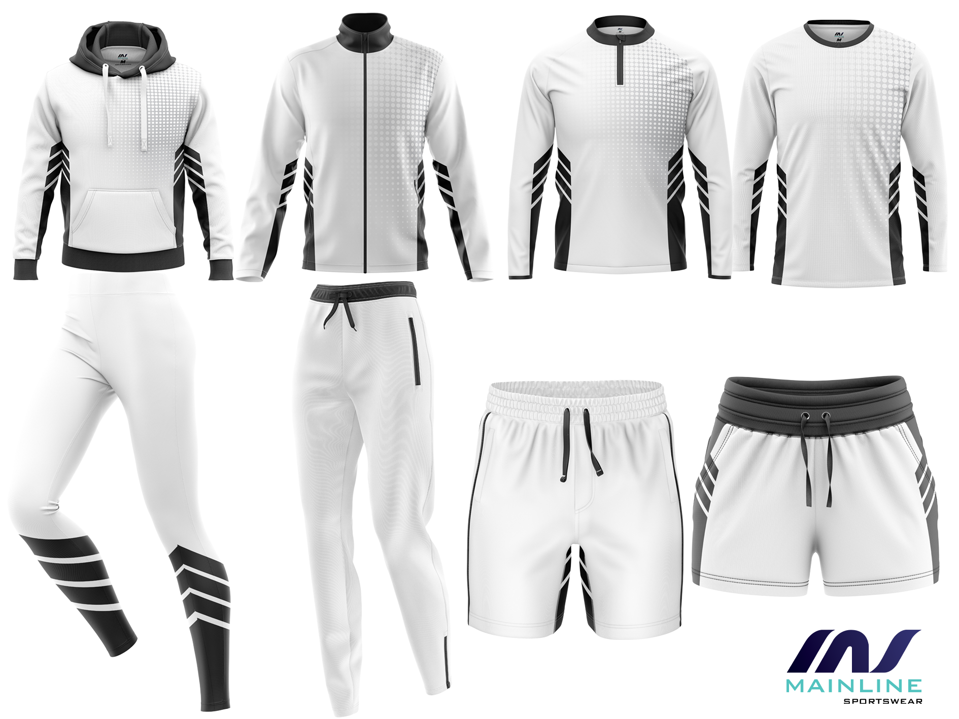 White and black off-court sports kit design with coordinated pieces.