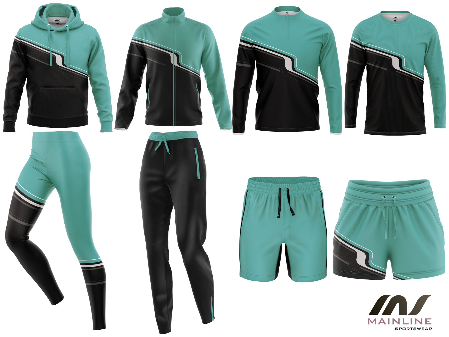 Mint and black off-court sports kit with coordinated top and shorts.