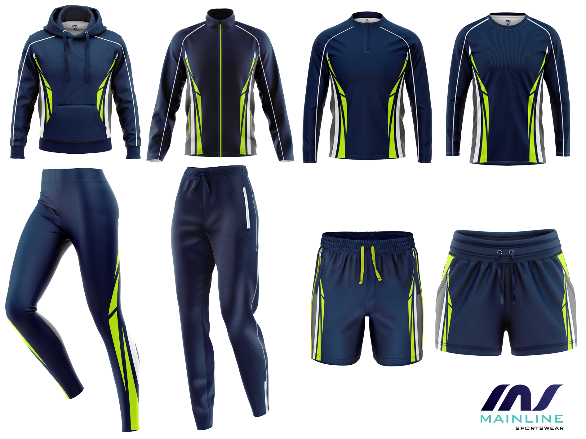 Navy off-court sports kit with lime accents and matching shorts.