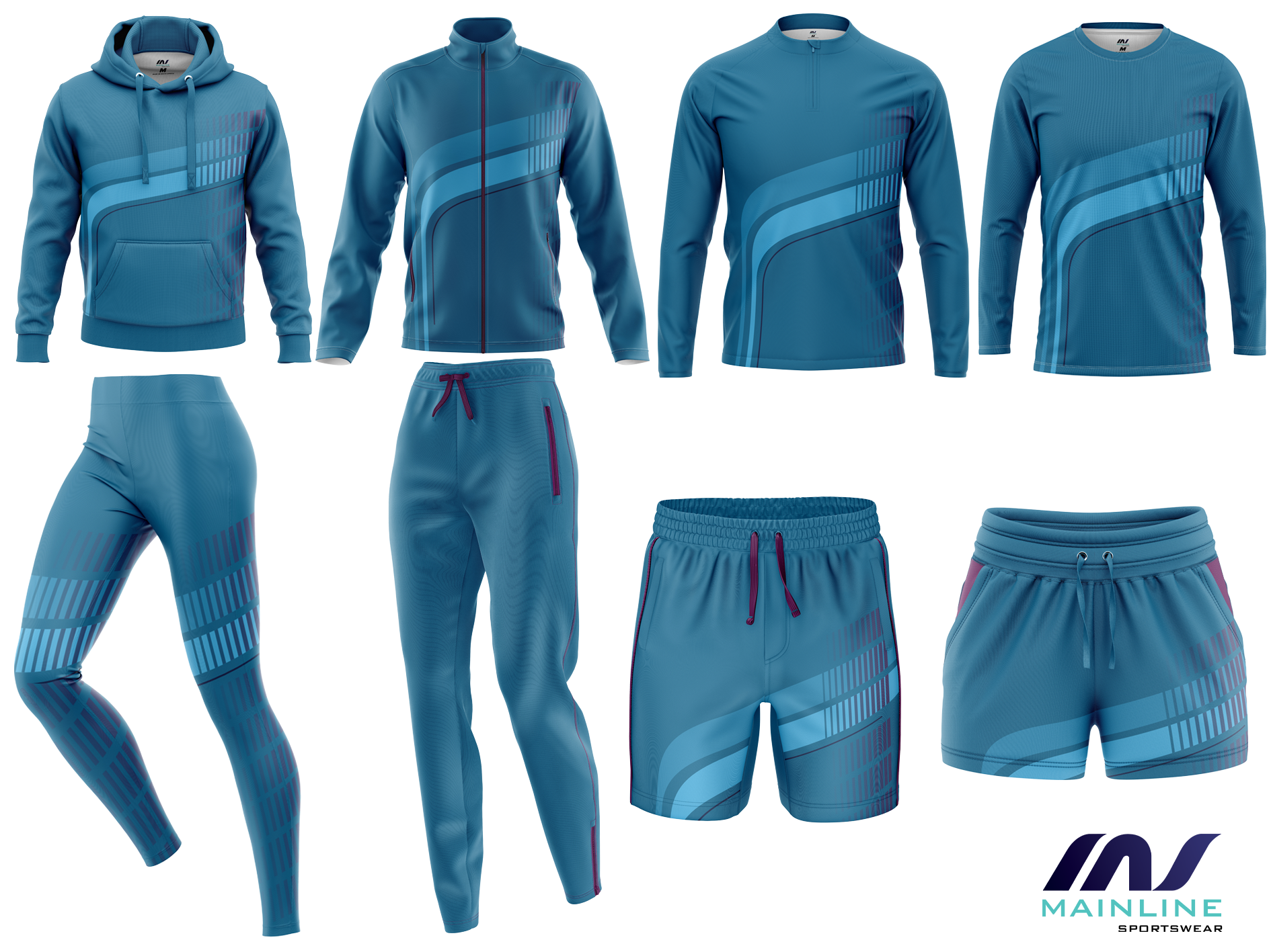 Blue off-court sports kit with matching long-sleeve top and shorts.