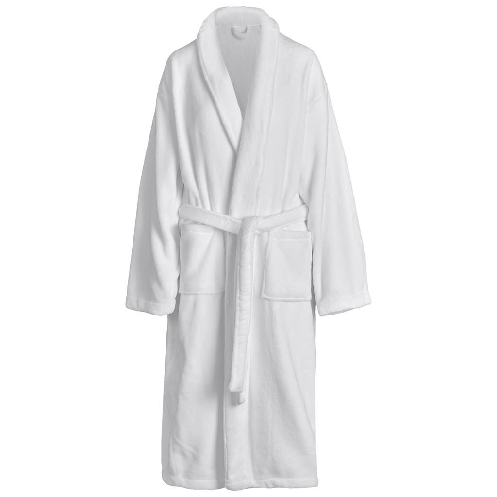 White bathrobe with belt shown from a side angle.