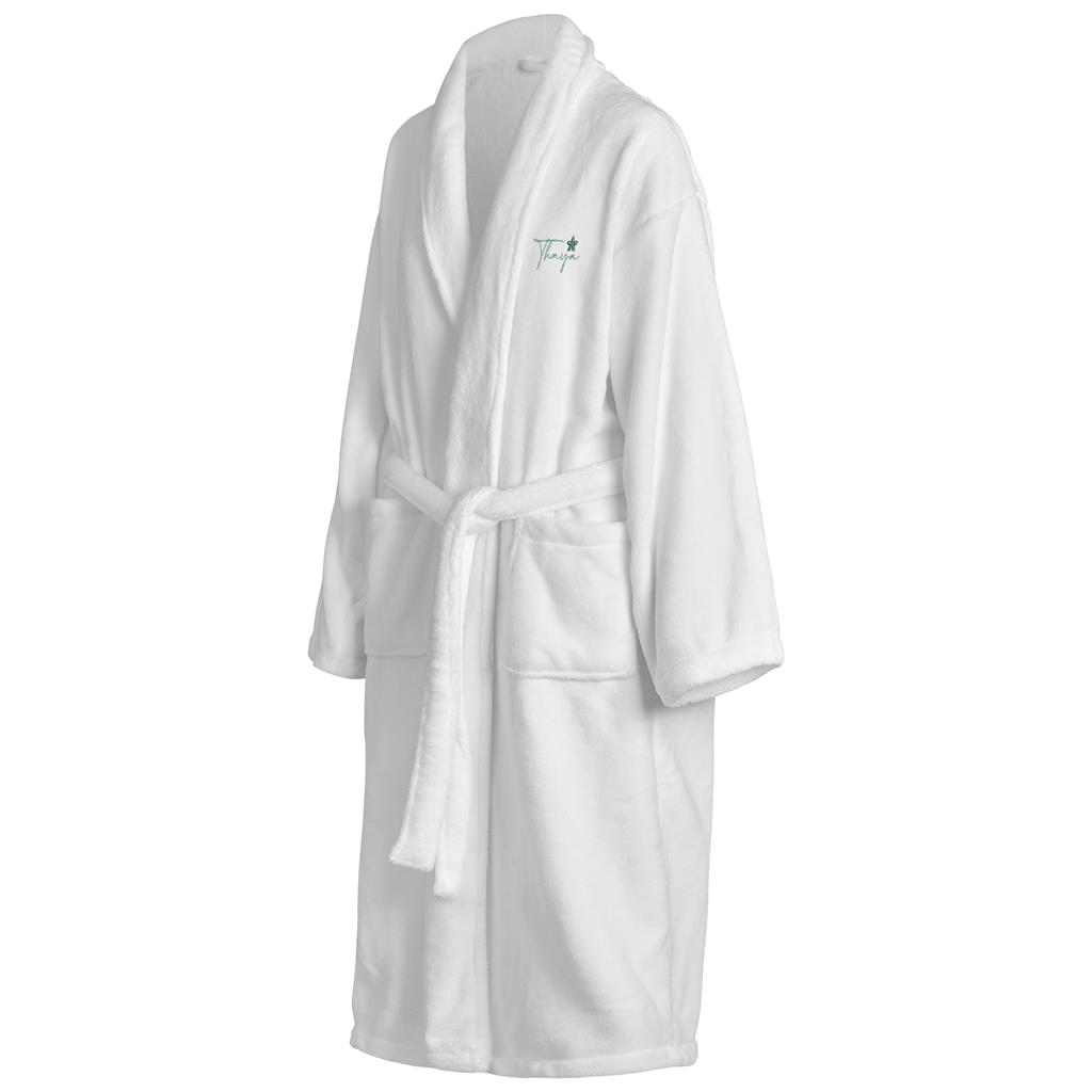 White bathrobe shown from the front.