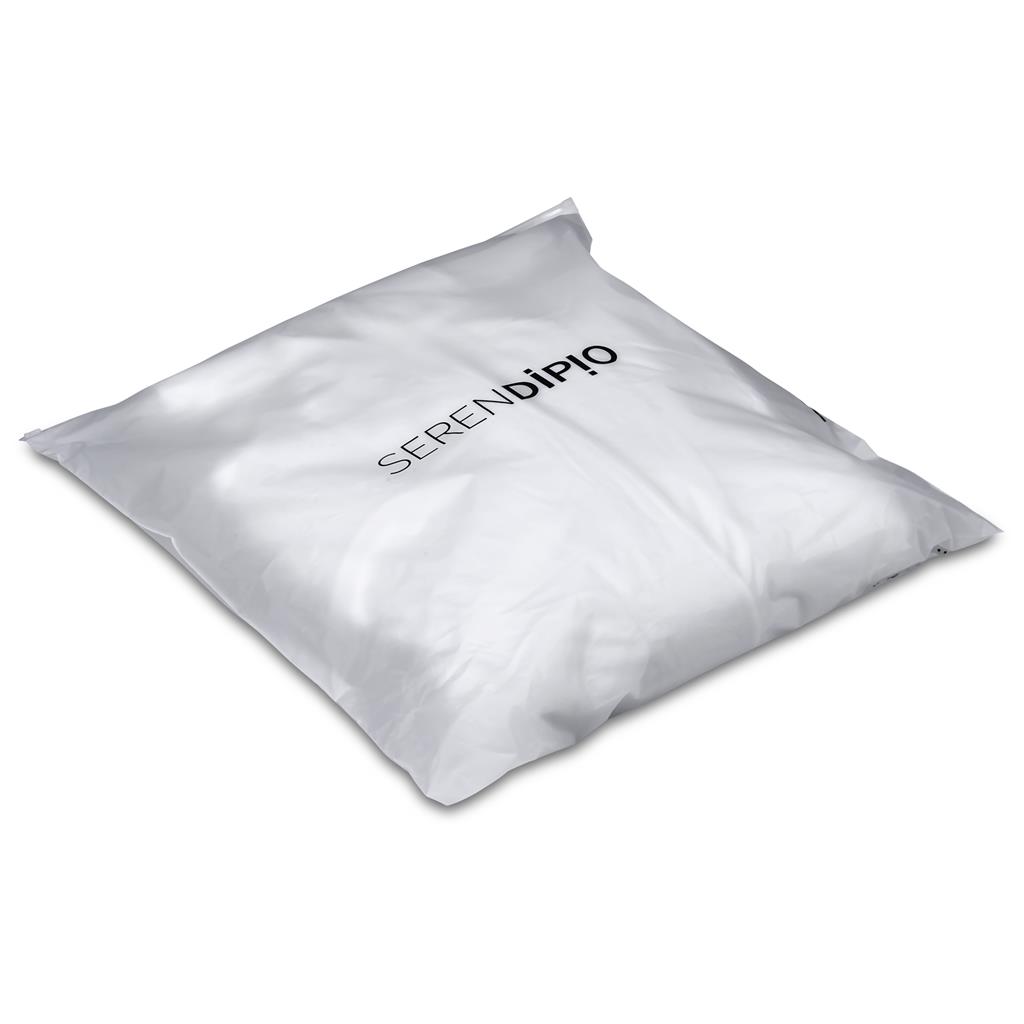 White bathrobe packaged in a branded travel bag.