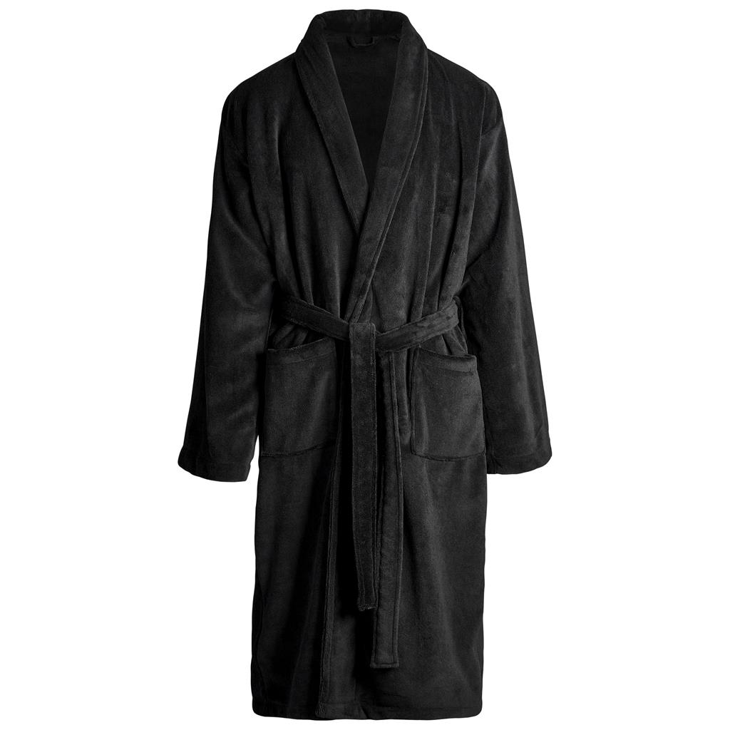 Black bathrobe shown from the front with belt tied.