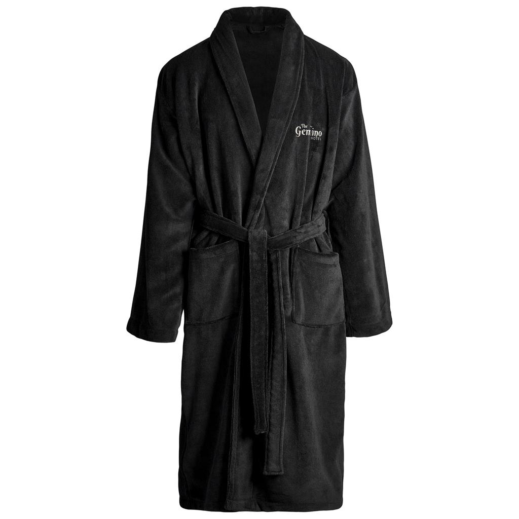 Black branded bathrobe for hospitality or corporate gifting.