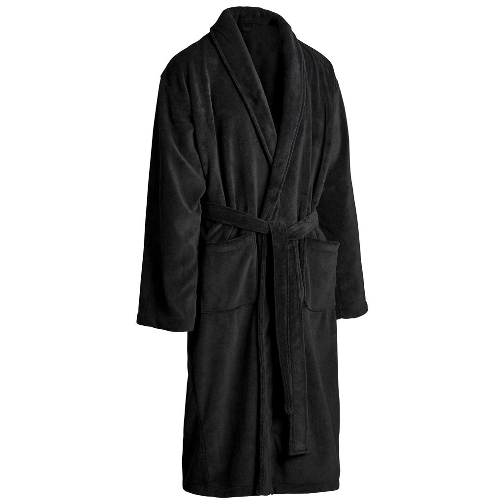 Black bathrobe shown from the front.