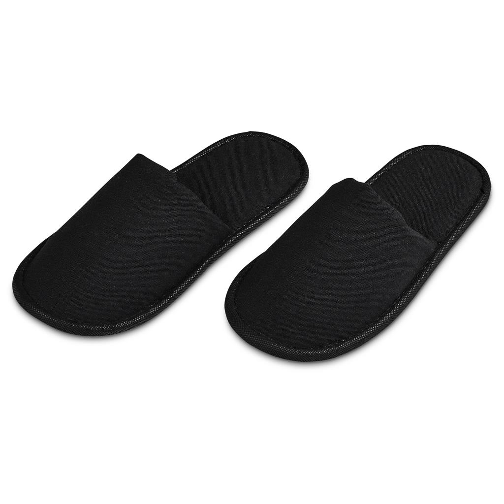 Black open-toe slippers shown as a pair.