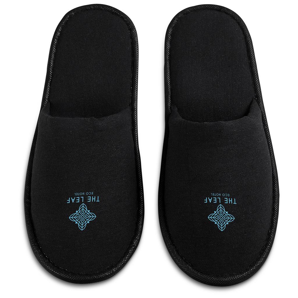 Black open-toe slippers shown from above.
