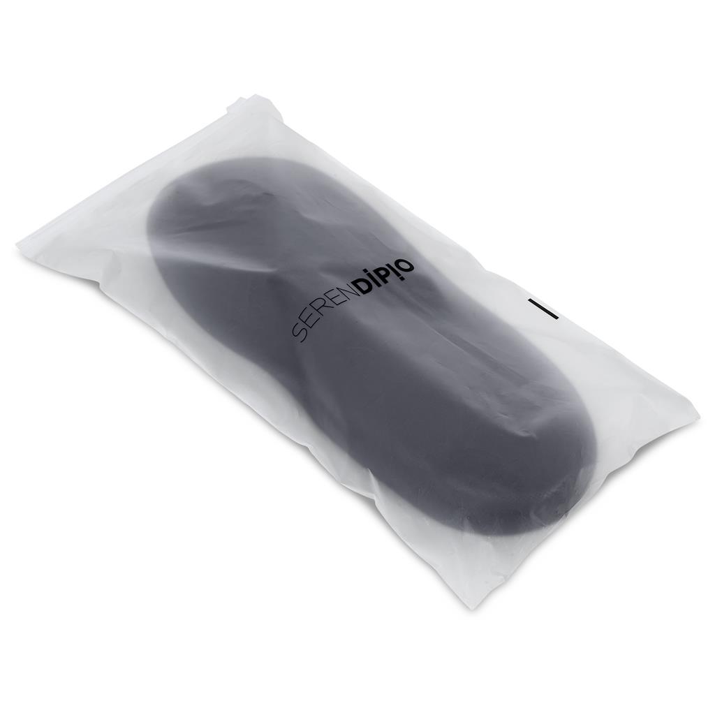 Black slippers packaged in a clear pouch.