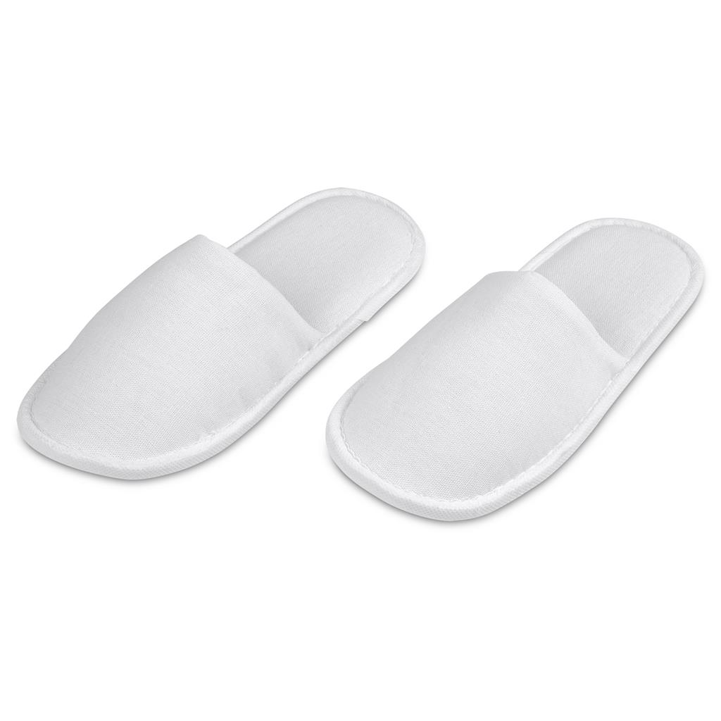 White open-toe slippers shown as a pair.