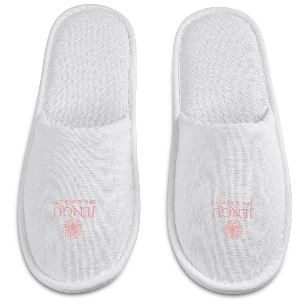 White open-toe slippers shown from above.