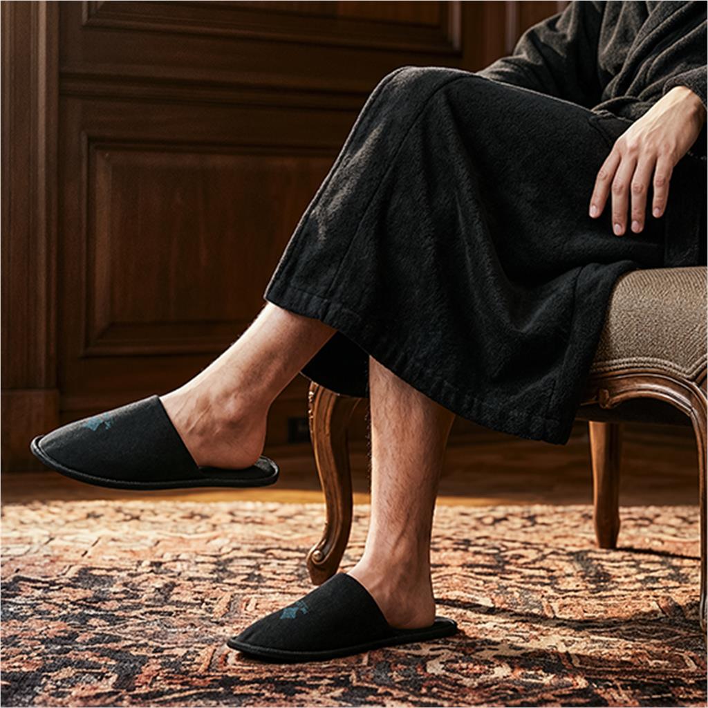 Lifestyle image of a person wearing a black bathrobe.