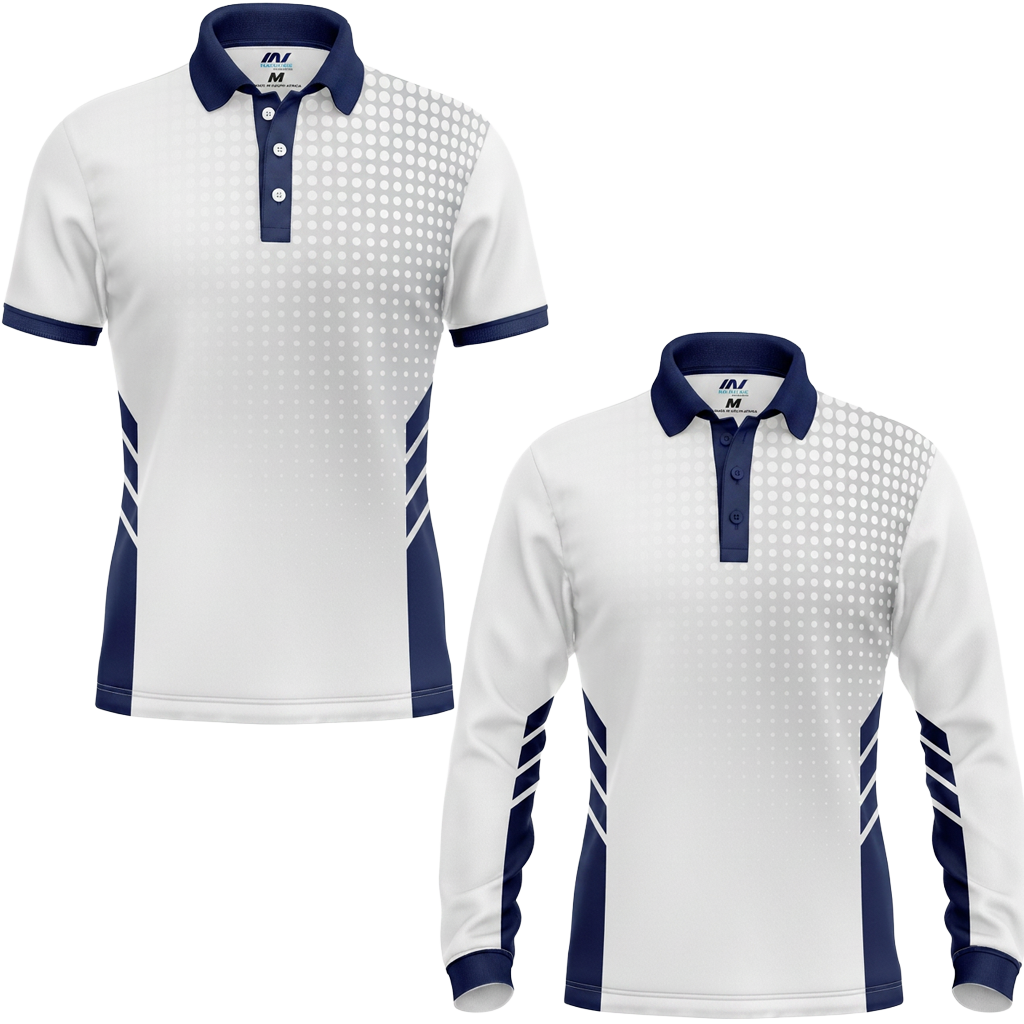 White golf shirts with navy collar and sleeve detailing.