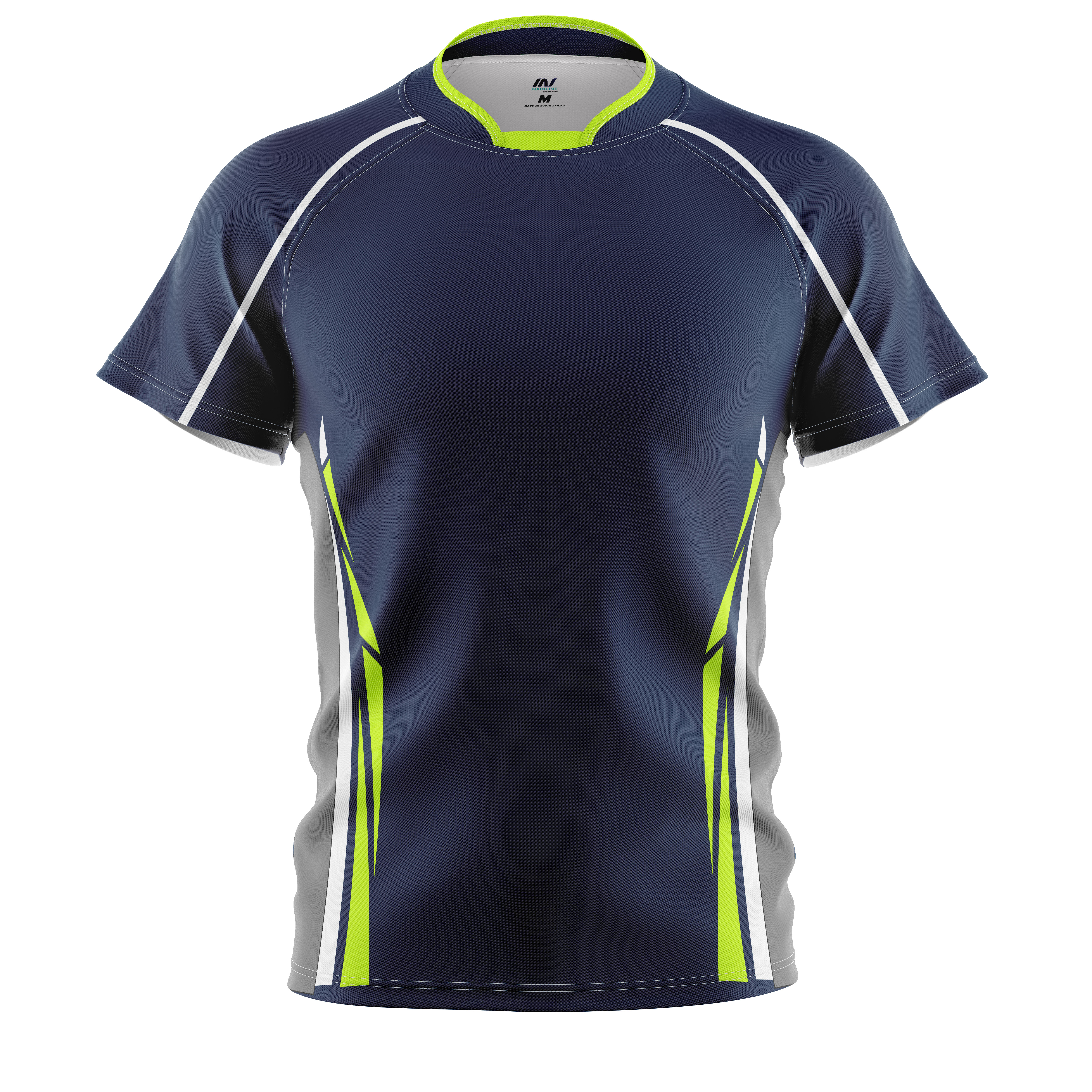 Navy rugby jersey mock-up with lime collar accent.