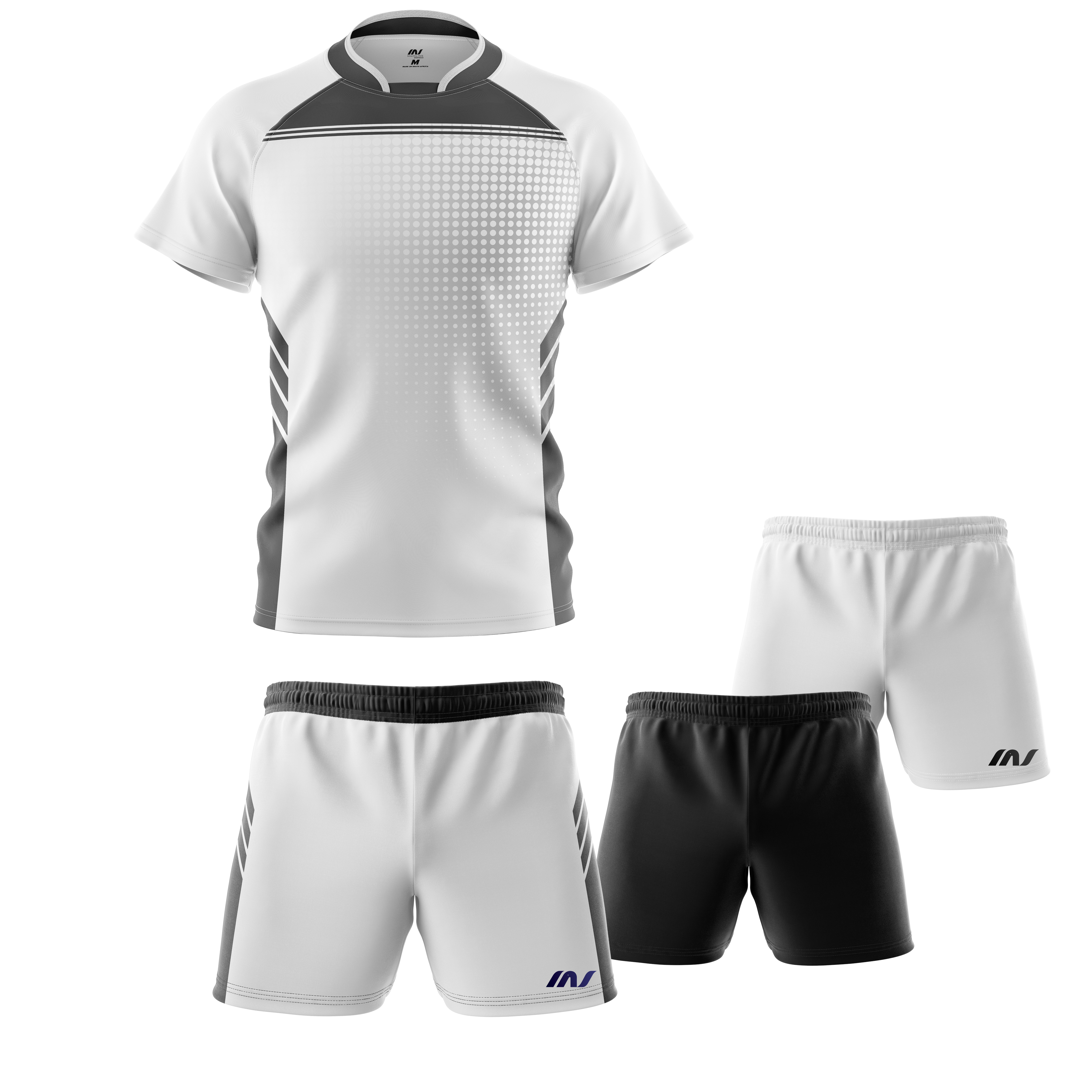 White rugby kit design with black and grey detailing.