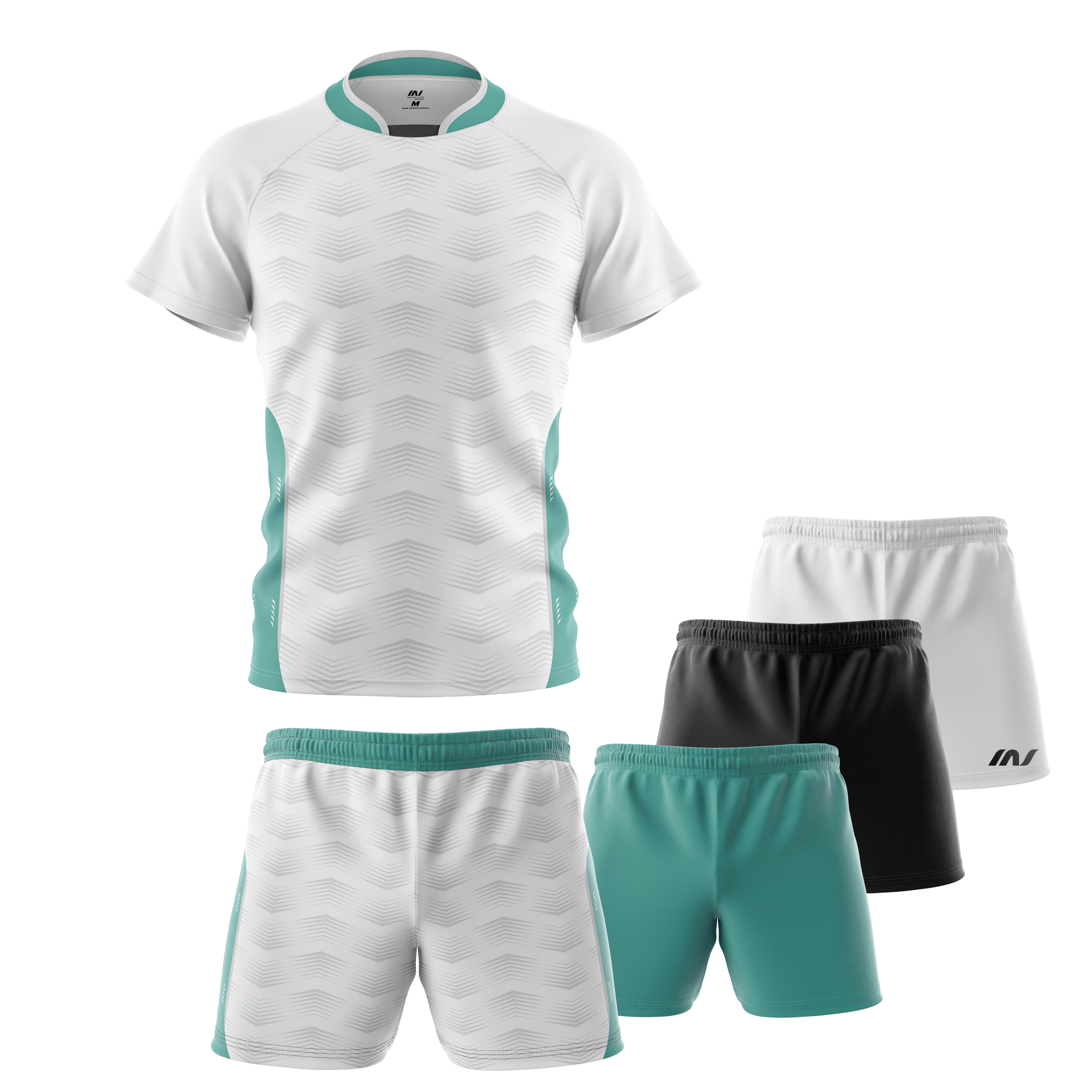 White and mint rugby kit with matching shorts.