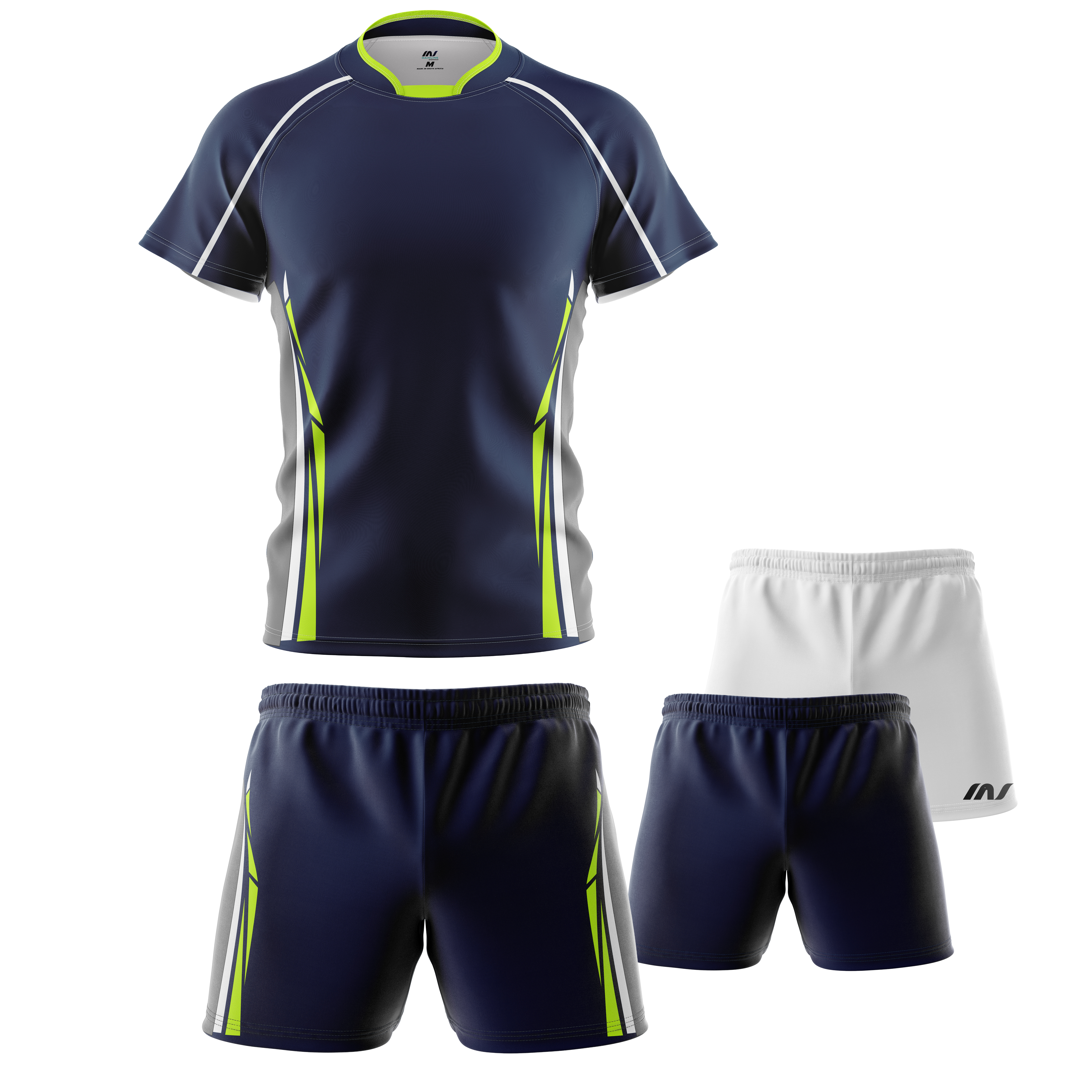 Navy rugby kit with lime accents and matching shorts.