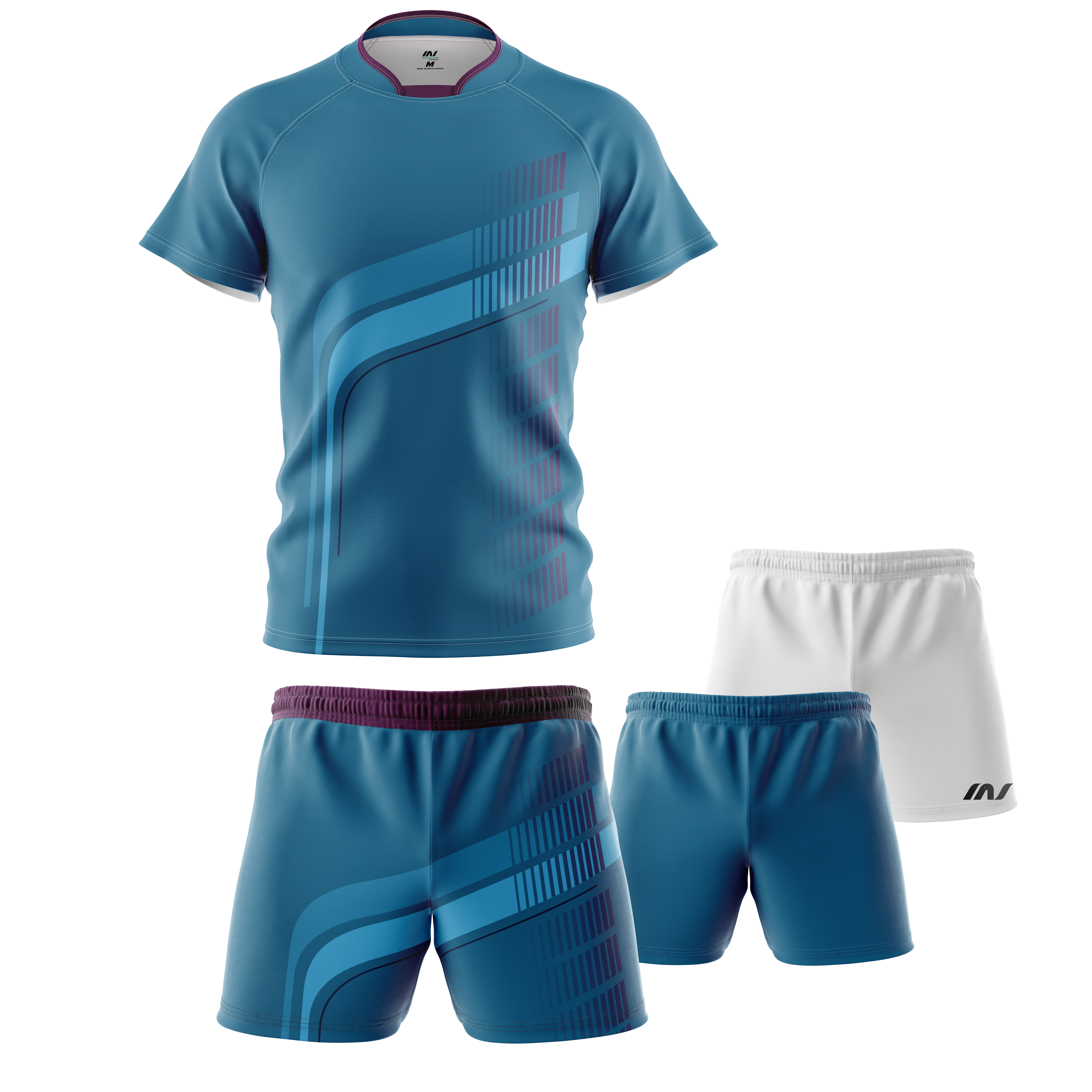 Blue rugby kit with tonal diagonal pattern and matching shorts.