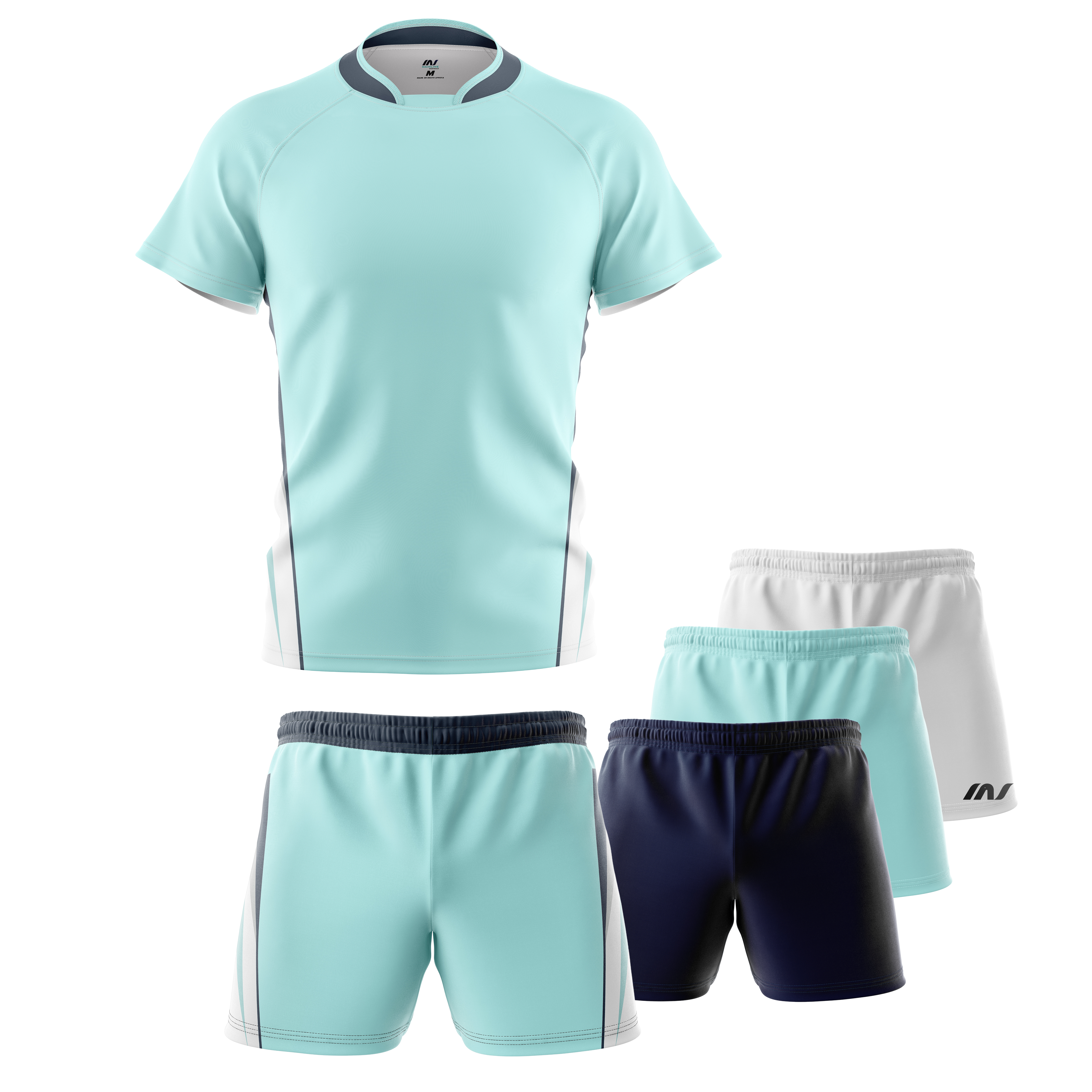 Mint rugby kit with matching jersey and shorts.