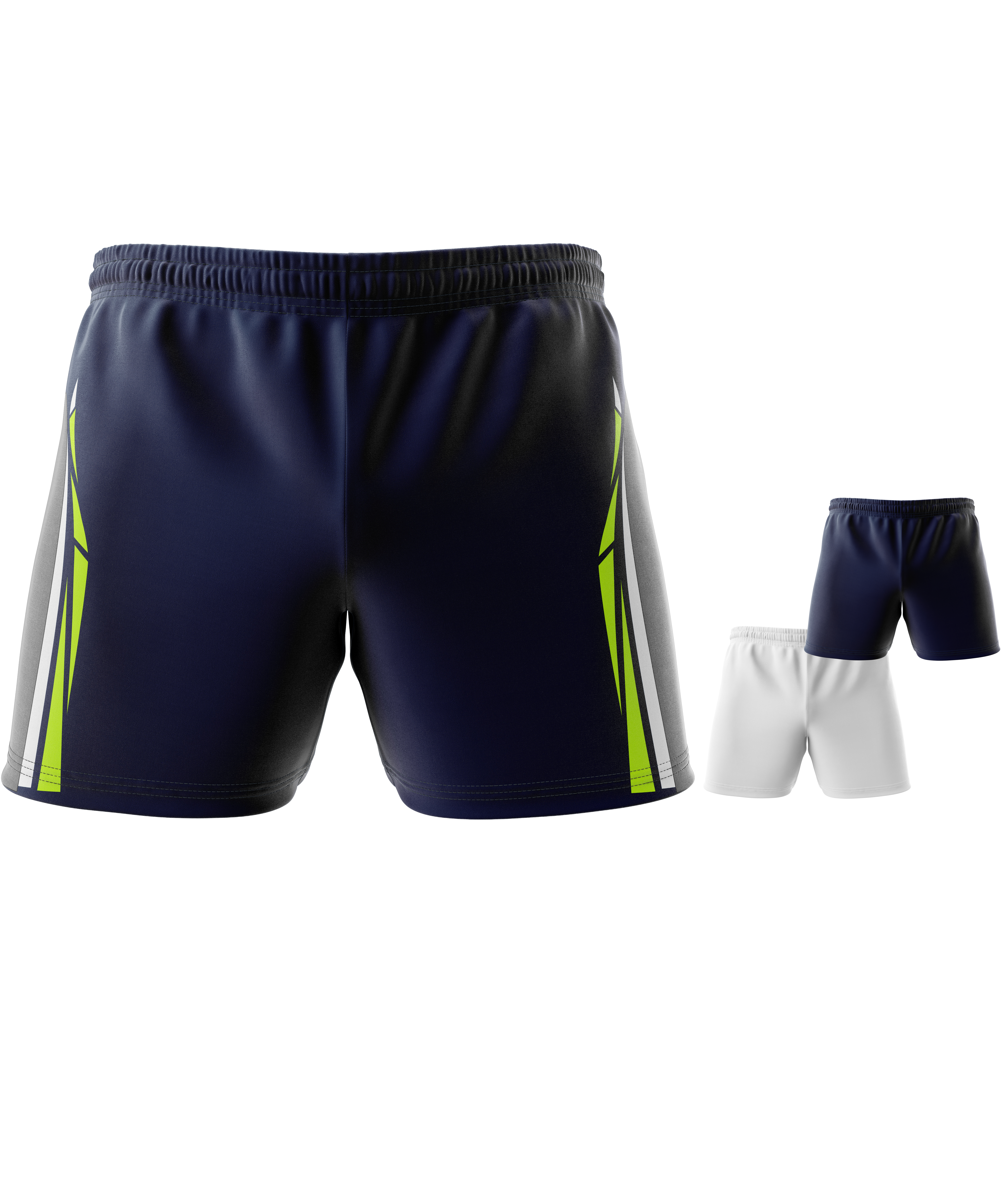 Navy rugby shorts with lime accents and drawstring waist.