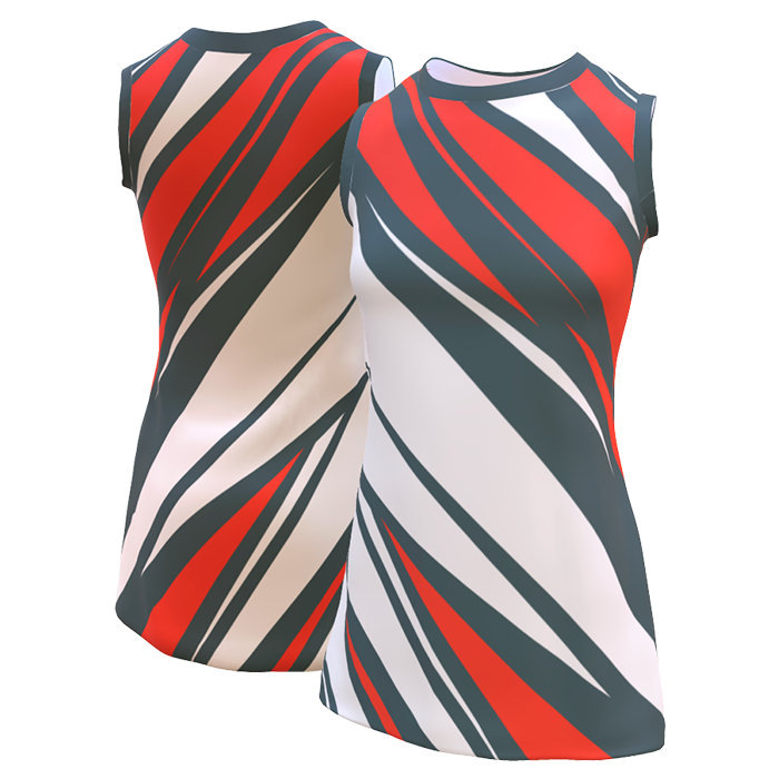 Black, red and grey sleeveless netball dress.