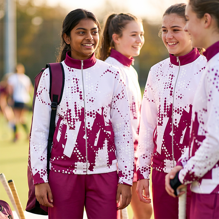 Female athletes wearing matching white and maroon team jerseys.