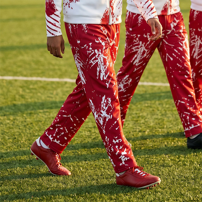 Red and white sports trousers worn during an outdoor match.