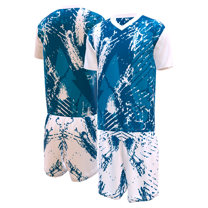 Blue and white short-sleeve sports jersey.