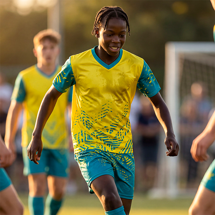 Female athlete wearing a yellow and green performance jersey.