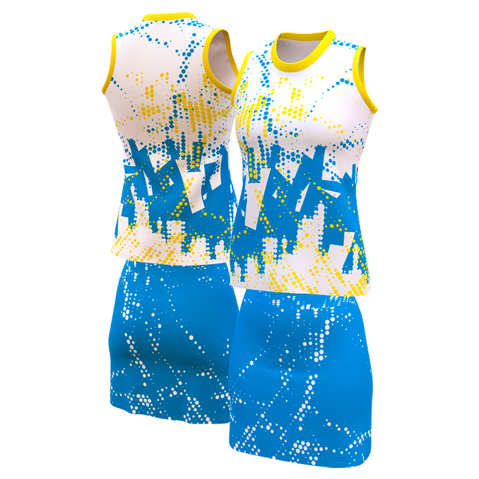 Blue, yellow and white sleeveless netball dress.