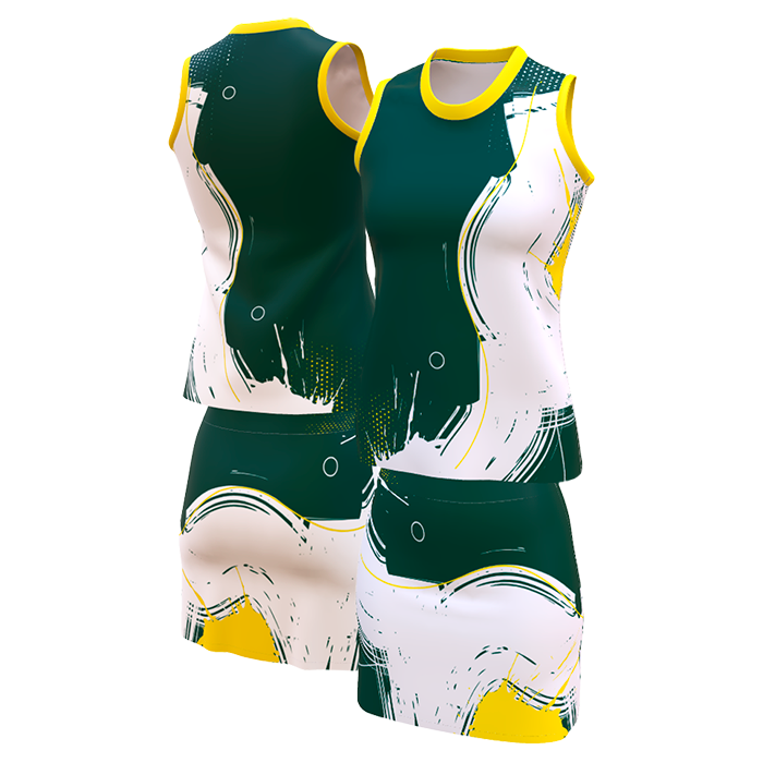 Green, yellow and white sleeveless sports jersey.