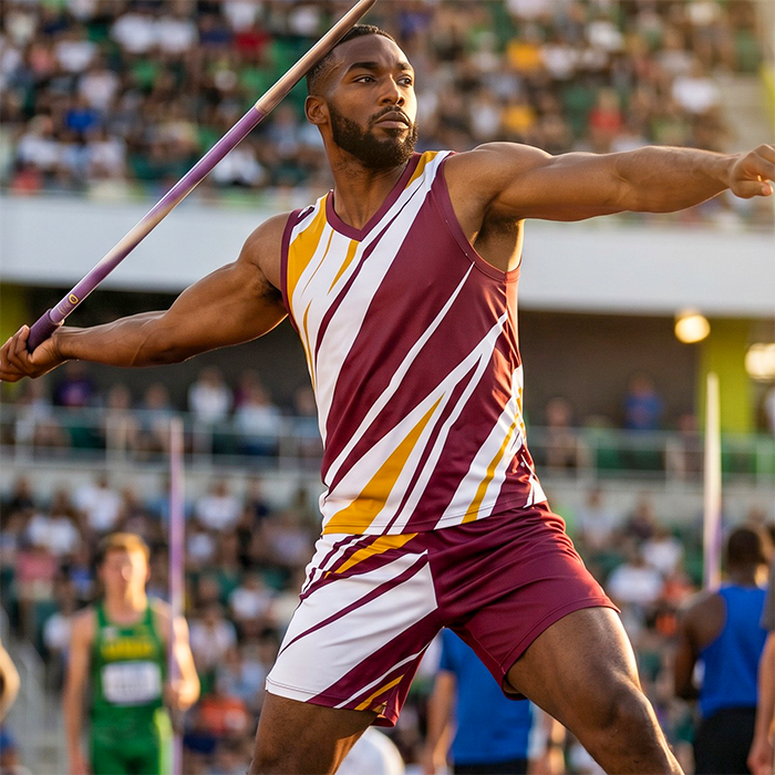 Male athlete wearing a maroon and white sleeveless sports vest.